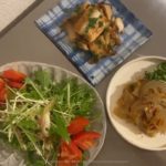 副菜三品（きのこの梅マリネ、水菜とみょうがのサラダ、蓮根金平）