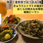【簡単！夏野菜でおつまみ3種】きゅうりとトマトの塩昆布和え＆おくらの明太なめ茸和え＆無限ピーマン(明太子なめ茸使用)