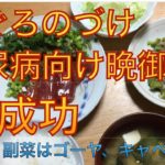 まぐろのづけ、ゴーヤとキャベツの副菜、糖尿病向け献立 20201004