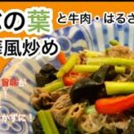 かぶの葉でメインのおかず。あじの染み込んだはるさめも美味しい！