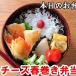 【お弁当 164】春巻きレシピ ☆簡単に 揚げない パリパリ  チーズ風味【ささみチーズ春巻き弁当 ♪】卵焼き 大根の煮物 餅 巾着の煮物 obento  lunch box