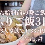 【節約レシピ】３人家族お給料前3日間1,337円で作る丼ぶりメインの晩ご飯レシピ。