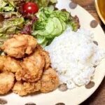 うちの簡単節約ごはん/唐揚げワンプレートレシピ/野菜サラダは盛り放題