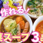【野菜スープ3品の作り方】作り置きにも大活躍な簡単レシピ!ミネストローネ|中華スープ|カレーポトフ